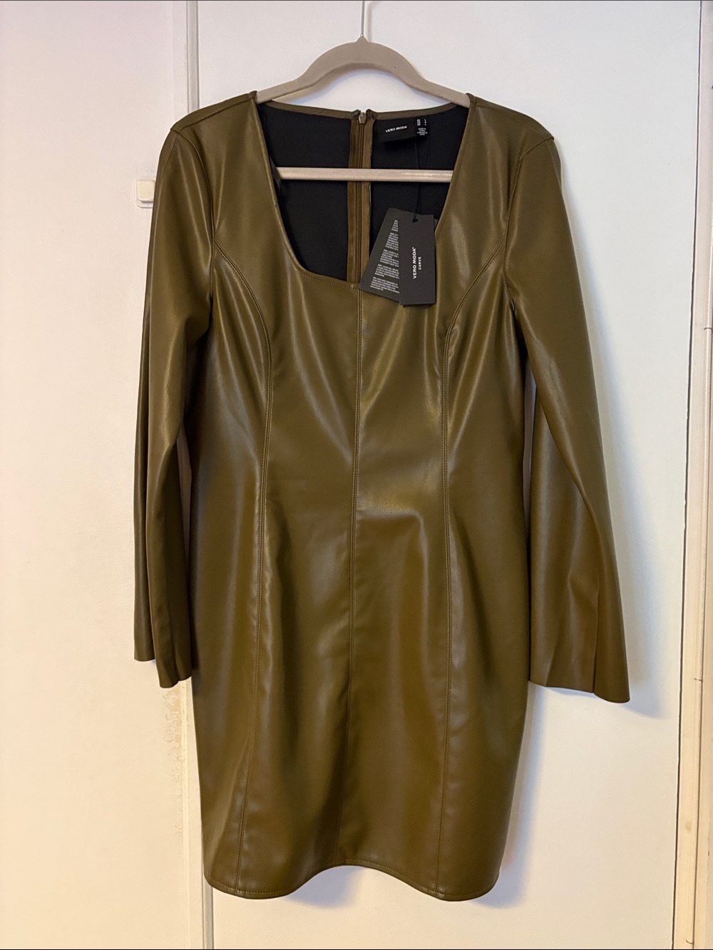 NWT Vero Moda Olive Green Faux Leather Long Sleeve Dress